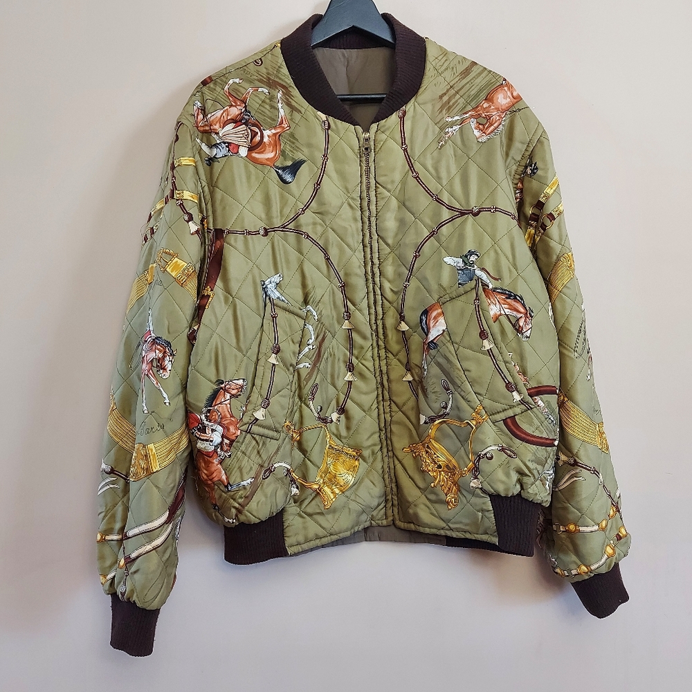 Hermes silk quilted reversible bomber jacket Green Western Equestrian Size 50